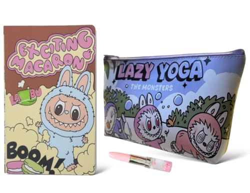 Image of Le Delite Kawaii Macaron Diary Set with Ruled Pages, Cartoon Zipper Pouch and Lipstick Pen, Cute Stationery Collection
