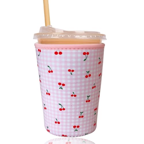 Image of Reusable Insulated Sleeve for Iced Coffee Cup, Coffee Neoprene Sleeve for Cold & Hot Drinks, Beverage Holder for Iced Coffee (Pink Cherry, Medium: 22-24oz)