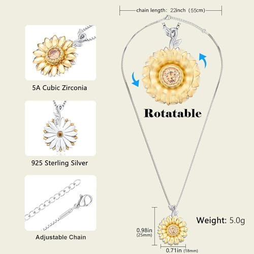 Aniu Golden Rotatable Sunshine Sunflower Pendant Necklace for Women, S925 Sterling Silver You Are My Sunshine Jewelry with 5A Cubic Zirconia4