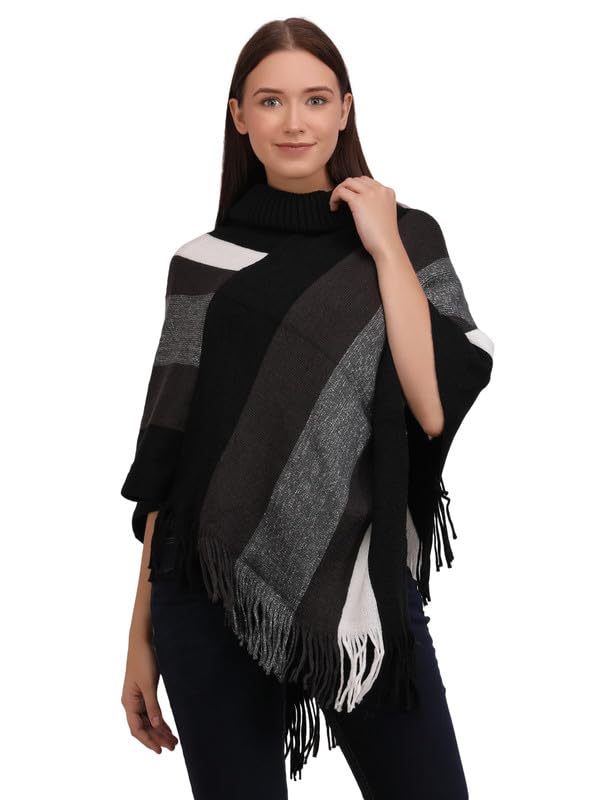 MANRA Women's Casual High Neck Striped Woolen Poncho for Winter (SC 09 HIGH NECK/BLACK/XL)-picture-23