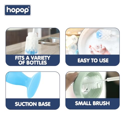 Image of Hopop 2-in-1 Baby Feeding Bottle Cleaning Brush: Durable, Flexible Bristles & Nipple Cleaner, Comfortable Grip, Suction Base for Organized Kitchen - Blue
