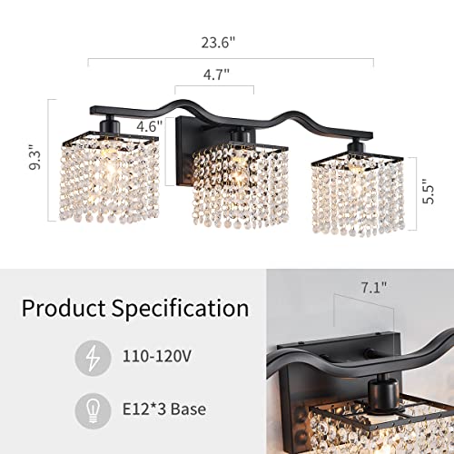 Image of WUZUPS 3-Light Bathroom Light Fixture Morden Vanity Wall Sconces Light Clear Crystal Drop for Bedroom Living Room, E12 Base, Black