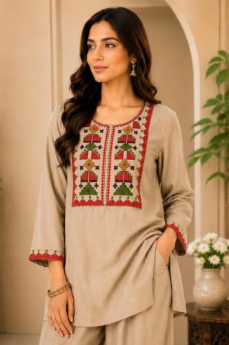 Image of Women's Embroidered Kurta Palazzo Set | Ethnic Co-Ord Set with Printed Design | Casual Traditional Outfit.