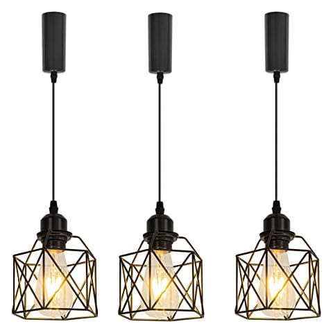 KAYYELAMP Set of Three 3.2 Ft Adjusted Cord H-Type Track E26 Base Hollow Black Metal Shade Simple Retro Design Pendant Light Fixture for Restaurant Entryway Loft Aisle Kitchen Sink(No Bulb No Track) Cover