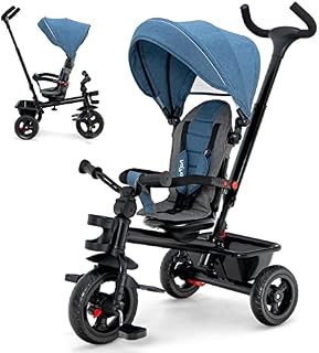 GYMAX Baby Tricycle, 5-In-1 Kids Trike with Convertible Seat, Adjustable Push Handle, Removable Canopy and Safety Harness, Toddler Stroller Pushchair for 1.5 - 5 Years Old (Blue)