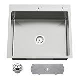 KOARDINK 25x22 Inch Stainless Steel Kitchen Sink - Drop In Single Bowl Topmount Modern Kitchen And Bar Sink With Silicon Mat,Drain Strainer Set Compatibility With Various Kitchen&Bar Style