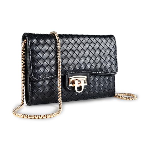 Women's Woven Leather Small Crossbody Bag - Small Flap Cell phone purse with Adjustable Gold Chain Strap for Day & Night