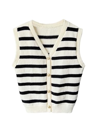 Floerns Girl's Striped Button Down Sweater Vest V Neck Sleeveless Lightweight Knitted Tank Top Black and White 10Y