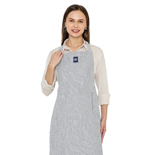 Image of Encasa XO Cotton Cooking kitchen Apron for Women and Men chef apron With adjustable neckstrap, Pocket & Towel Holder for Easy cooking, Baking, BBQ, Gardening- Ticking Navy Blue, 68x85 cm