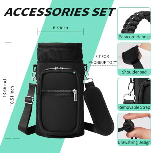 Image of 128 oz Water Bottle Sleeve, Neoprene One Gallon Water Bottle Carrier with Strap & Paracord Handle, Sport Bottle Holder Sling Bag with 4 Pockets for Travelling, Walking, Camping-Black