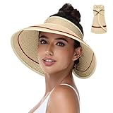 Sun Hats Visor for Women, UV UPF Straw Beach Hat Foldable Wide Brim Ponytail Summer Hats Packable Travel (Bowknot Beige with Black and Red Stripes)