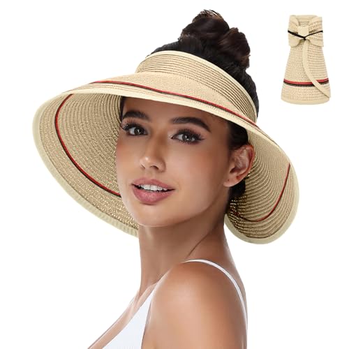 Sun Hats Visor for Women, UV UPF Straw Beach Hat Foldable Wide Brim Ponytail Summer Hats Packable Travel (Bowknot Beige with Black and Red Stripes)