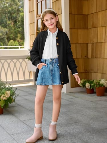 Haloumoning Girls Button Down Cardigan Mock Neck Lantern Long Sleeve Sweater Chunky Knit Outerwear Jacket 5-14Y4