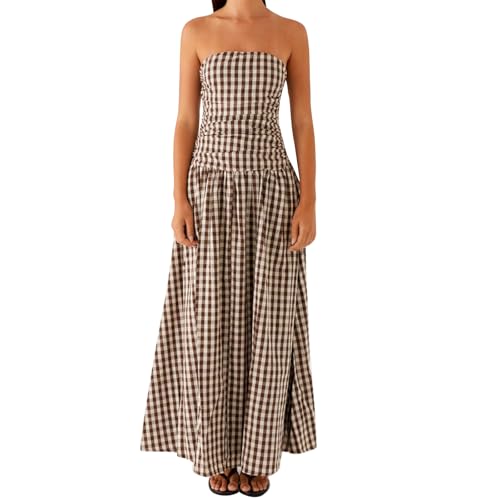 Image of Women Tube Top Maxi Dress Summer Strapless Backless Bodycon Long Bandeau Dress Elegant Off Shoulder A Line Dresses