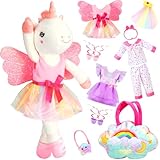 HUITEM Unicorn Toys for Girls Age 4-6, Ballerina Doll Stuffed Animal with 3 Set Clothes, Plush Bag, Accessories, 16 inch Unicorn Doll Toys Birthday Gift for 3 4 5 6 Year Old Little Girls