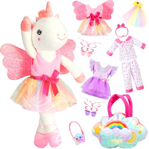 HUITEM Unicorn Toys for Girls Age 4-6, Ballerina Doll Stuffed Animal with 3 Set Clothes, Plush Bag, Accessories, 16 inch Unicorn Doll Toys Birthday...