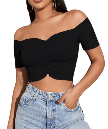 LYANER Women's Off Shoulder Ruched Short Sleeve Rib Knit Sexy Crop Top Blouse2