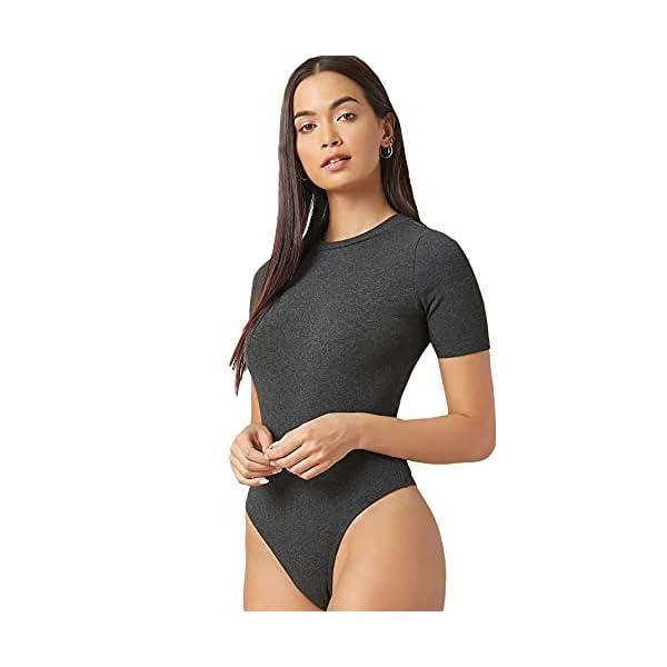 Romwe Women's Short Sleeve Bodycon Round Neck Casual Basic Bodysuit Dark Grey XL