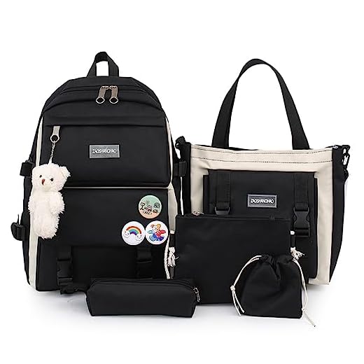 5 PCS Mochilas Escolares para Niñas, Set Mochilas Incluyen Mochilas, Mochilas para Portátiles, Bandolera, Bolsa de papelería, Monedero (Negro)