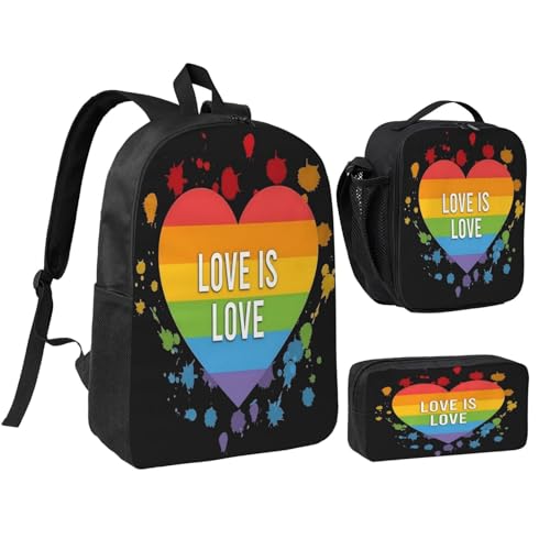 Love Is Love LGBT Pride Rainbow Heart Gay 17 Inch Backpack Sets Lunch Bag Lightweight Daypack for Men Women 3Pcs