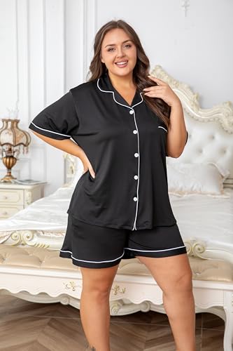 Image of Vozanet Women's Plus Size Button Down Pajamas Soft Lounge Sets Shorts with Pockets Bride Nighty Solid Soft Pjs 1x to 5x