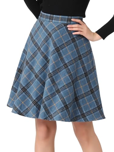Allegra K Women's Plaids Vintage Tartan Elastic Waist Knee Length A-Line Skirt Large Grey Blue