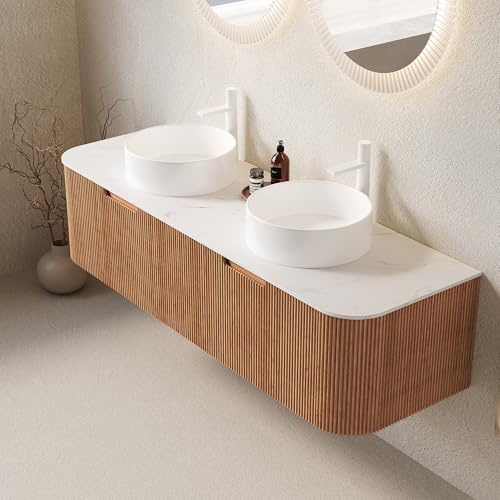 Image of KEIKI 60 inch Wall-Mounted Floating Vanity, Modern Bathroom Vanity with Sinks and 3D Striped Drawer Fronts, 2 White Ceramic Vessel Basins, Pre-Assembled Storage Cabinet for Bathroom, Natural Wood