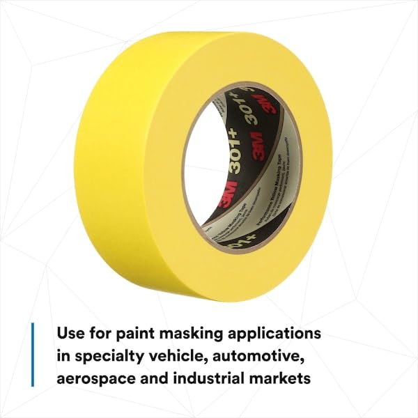 Image of 3M 301+ High Performance Masking Tape, Yellow, 48 mm x 55 m - High Performance Holding and Masking Tape for Automotive, Specialty Vehicle and Industrial Markets, 1 Pack