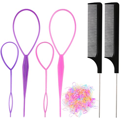 Tosamzoo Hair Loop Styling Tool , 4Pcs French Braid Tool Loop (Pink, Purple) 2Pcs Metal Stainless Steel Pin Rat Tail Comb (Black) 280 Pcs Hair Ties Mini Elastic Hair Bands #TOP30
