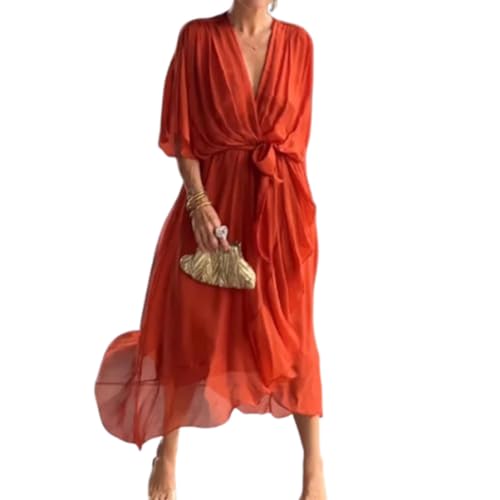 Vestido Largo de Gasa con Falda Larga y Cordones en Color Liso para Mujer, con Mangas murciélago y Cuello en V, Cintura Alta y Capas. (Orange,XXL)