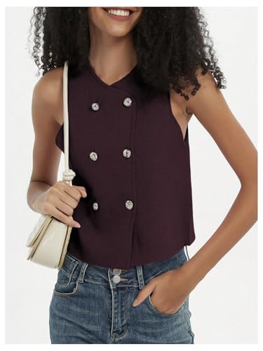 Image of SHENHE Women's Double Breasted Sweater Vest Sleeveless Crewneck Elegant Dressy Vest Tank Red Violet Large