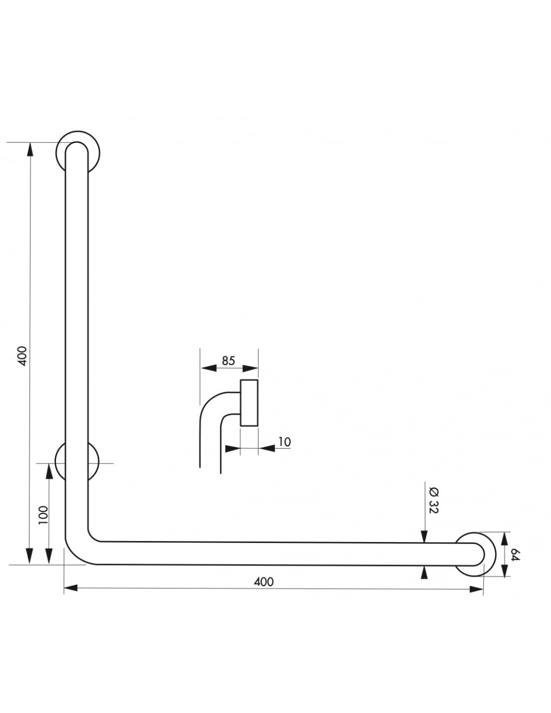 Maniglione bagno disabili, barra di ausilio angolare, 90° 400x400mm, diametro Ø 32mm, acciaio inox 304 satinato - THIRARD