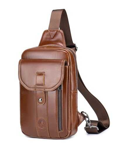 RAINBOW HORSE Men's Genuine Leather Sling Bag, Vintage Chest Bag Crossbody Shoulder Bag with Multiple Pockets, Small EDC Travel Bag for Phone Wallet Keys, Casual Work Everyday Carry