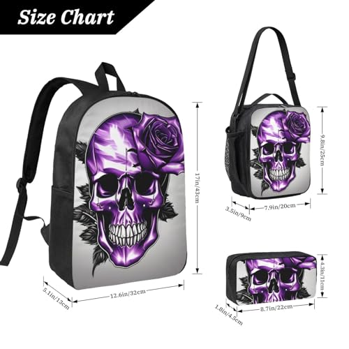Purple Rose and Skull print Backpack Bookbag for Daily Use,3 Pcs Backpack Set with Lunch Box and Pencil Case4