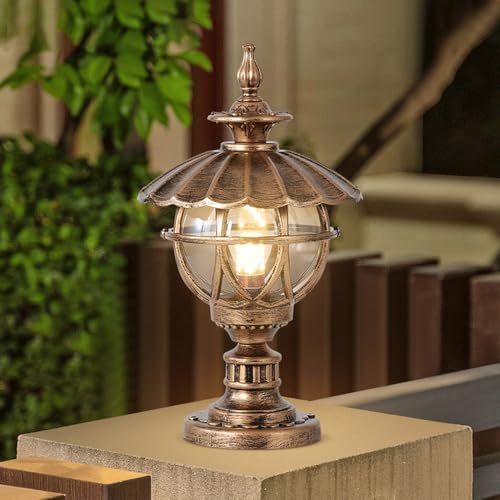 HZWJIA Outdoor Pillar Lamp 9in Lotus Modern Hardwired Fence Deck Post Cap Lamp Copper Color IP55 Rated Waterproof Pillar Head Lamp E27 Base Tri-color Light Source Pillar Lamp For Villa Patio Pillar La