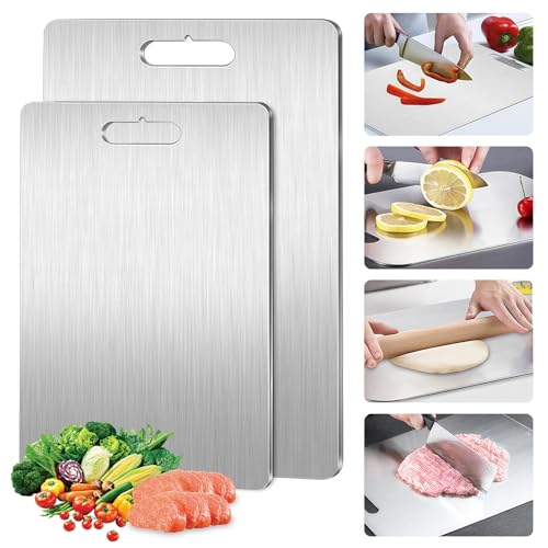 2 Pezzi Tagliere in Titanio, 316 Tagliere Acciaio Inox, Doppio Lato per Alimenti,Cutting Board per Verdura,Frutta,Carne, Pane(34x23cm+25x15cm)