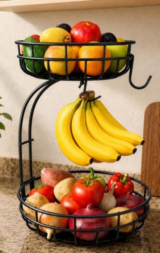 Sevenblue 2 Tier Modern Fruit Basket for Kitchen Counter with 2 Banana Hook