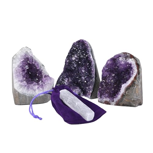 Image of Premium Amethyst Geode Crystal Cluster [1.5 to 2 lb.] - Each Piece is Unique & Natural - Healing Crystal Energy. Reiki calming crystal. Purple Decor - Comes with a FREE Selenite Wand!