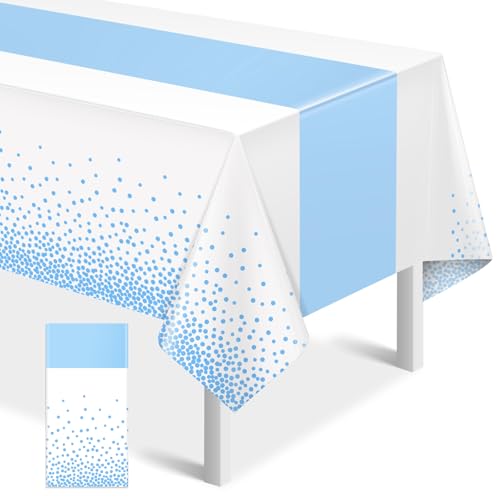 Image of MASHAN 1Pcs White Light Blue Tablecloth Party Decorations,Plastic White Table Cloth Printed Baby Blue Table Runner Disposable Rectangle Cover for Birthday Baby Shower Wedding Party,54 x108 Inch