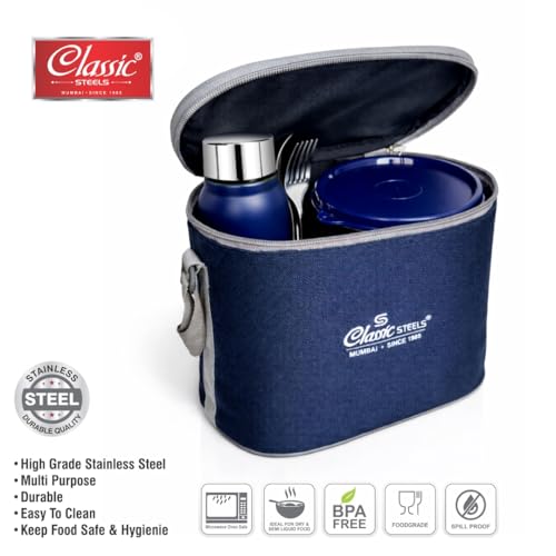Image of Classic Steels Urban Premium Steel Lunch Box Set of 7 with Insulated Carry Bag Includes 4 Microwave Safe Leak-Proof Containers 1100 ml & 500ml Steel Bottle | BPA Free, Food Grade with Heavy Cutlery