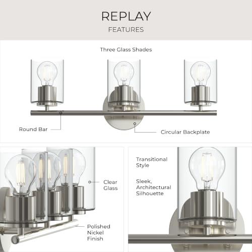 Image of Progress Lighting Replay 22 Inch 3-Light Vanity Light, Transitional, Polished Nickel with Clear Glass Shades, (7.875 inch H x 22 inch W x 6 inch D), P300583-104
