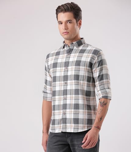 Image of TURMS Men's Casual Checks Shirts, Odor Control, Moisture Wicking, Button Down Collar, Cool Tech Cotton Fabric, Tailored Fit, Full Sleeve