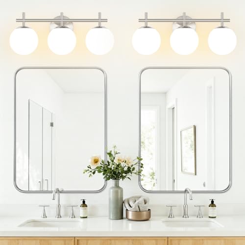 Image of 3-Light Bathroom Light Fixtures with Milky White Glass, Brushed Nickel