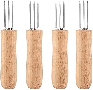 Yosoo 4 pieces of corn cob holders, small skewers corn cob holders wooden handle stainless steel BBQ meat fruit forks grill corn cob holders for home cooking and BBQ