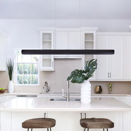 Krear 180cm Industrial Modern Pendant Light with 3-Step Colour Change, Anti Glare Aluminum Linear Lamp for Kitchen Island, Dining Table & Bar Matt Black