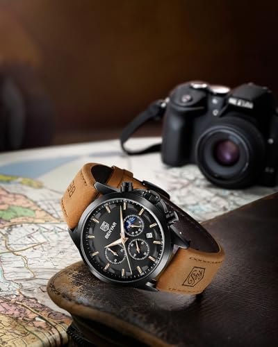 Image of BENYAR Men's Watches Chronograph Watch for Men Multifunction Black Waterproof Sport Fashion Quartz Wristwatches Calendar with Stainless Steel Strap