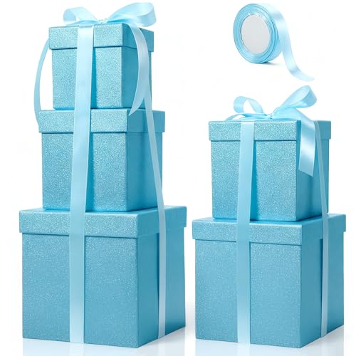 Cholemy 5 Pcs Square Nesting Boxes Decorative Gift Boxes with Lid and Ribbon Assorted Sizes Wrap for Wedding, Carnival, Anniversary, Birthday, Bridal Shower Party Gifts(Light Blue)
