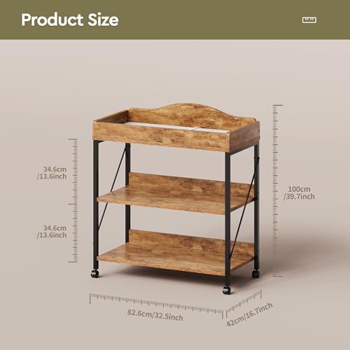 Image of Baby Changing Table, Diaper Station with Pad, 2-Tier Shelves, Rustic Brown