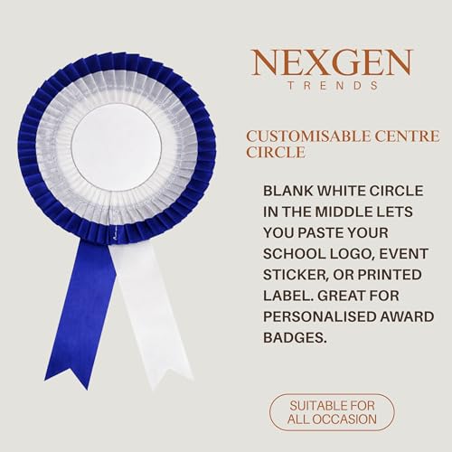 Image of NEXGEN Trends Double Line Satin Award Badge for School Sports Day, Annual Day & Prize Distribution | Premium Ribbon Badge with Safety Pin | Pack of 10 (Dark Blue-White)
