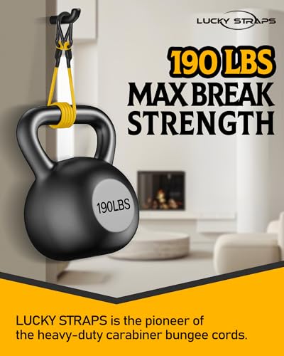 Image of 8 Pack 24 inch Carabiner Bungee Cords Heavy Duty Outdoor, 190 Lb Break Strength | LUCKY STRAPS Yellow Bungee Straps with Upgraded Carabiner Hooks for Luggage Rack, Cargo, Hand Carts, Bikes, Camping
